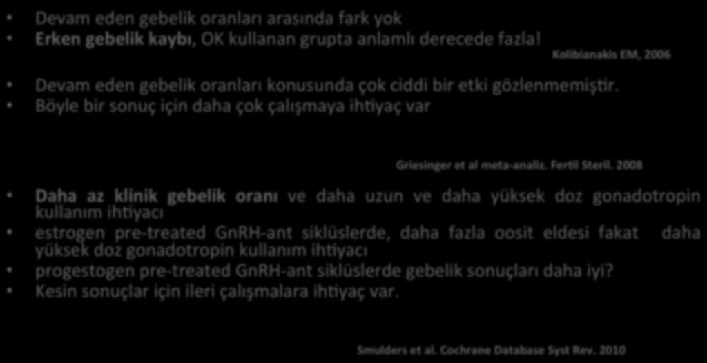 Antagonist Siklüste OKS ile Siklüs Programlama Devam eden gebelik oranları arasında fark yok Erken gebelik kaybı, OK kullanan grupta anlamlı derecede fazla!