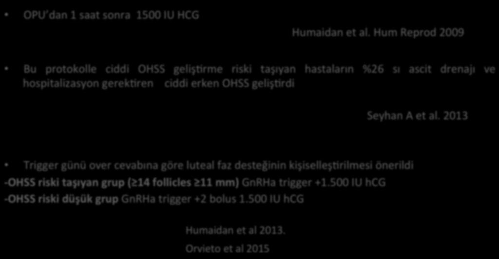 GnRHa Triggered Antagonist Siklüslerde Luteal faz OPU dan 1 saat sonra 1500 IU HCG Humaidan et al.