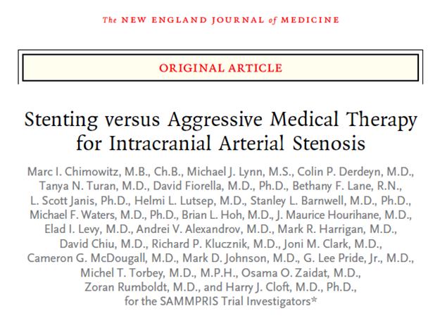 SAMMPRIS, 2011 Prospektif Randomize NEJM 2011, 365:993 1003 451 HASTA (%70 99 ICAS) <30 gün inme veya TİA N= 227 N= 224 Agresif medikal tedavi Dual antiplatelet ( ilk 3 ay 325 mg ASA + 75 mg Clop