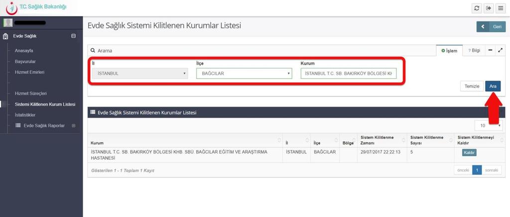 Sırasıyla İlçe, Kurum Adı yazılarak ARA butonuna tıklandığında sistemi kilitlenmiş