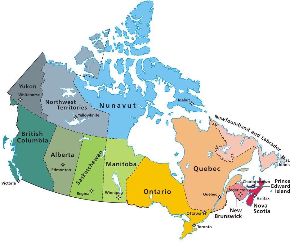 İdari Bölümler Kanada, 10 eyalet ve 3 bölgeden oluşan bir federasyondur. Kuzeyde kalan kısımlar, nüfus yoğunluğunun azlığından dolayı eyalet statüsüne ulaşmamış bölgelerdir.