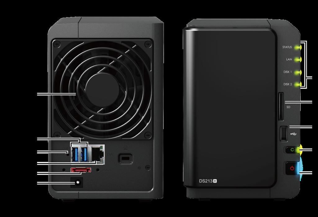 Bir Bakışta Synology DiskStation No. Parça Adı Konum Açıklama 1) LED Göstergeleri Ön Panel LED göstergeleri dahili sabit diskin ve sistemin durumunu göstermek için kullanılır.