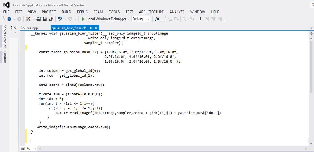 5.3. Gauss Bulanıklaştırma Filtresinin OpenCL Ortamında Geliştirilmesi Paralel ortamda OpenCL kullanılarak geliştirilen 3x3 boyutundaki gauss bulanıklaştırma filtresinin Microsoft Visual Studio 2012