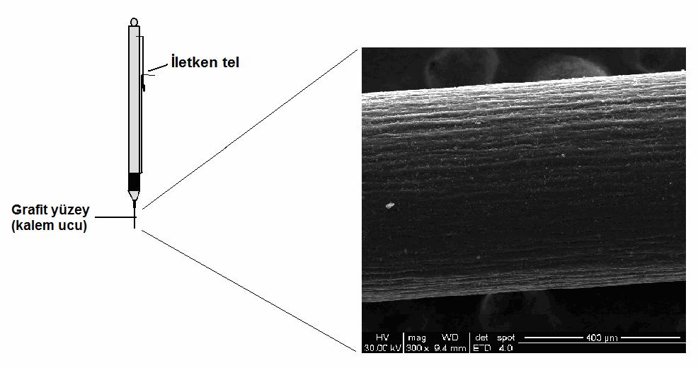 26 Şekil 11: Kalem Grafit Elektrot ve grafit elektrodun yüzeyinin taramalı elektron mikroskobu (SEM) ile görüntülenmesi. 1.4.5.2. Metal elektrotlar: Platin ve altın (21,60,81,98,99) en çok tercih edilen elektrot tipleridir.