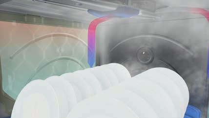 Sıcak buhar, bulaşıkhaneye bırakılmak yerine, ısı geri kazanım işleminin bir parçası olarak makine içine geri gönderilir.