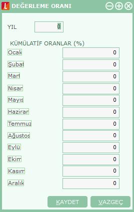 Yeniden Değerleme Oranları Sabit kıymetlere ait amortisman ve yeniden değerleme hesaplarında kullanılacak yeniden değerleme oranları Ticari Sistem Yönetiminde Tanımlar menüsü altında yer alan Yeniden