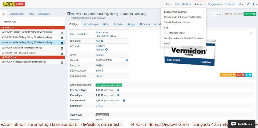 ÜST MENÜLER- Araçlar Üst menüde yer alan Araçlar menüsü altında, Labaratuar Bulguları, Reçetelerde Kullanılan Kısaltmalar, WADA yasak madde listesi, SGK bilgileri, TEB