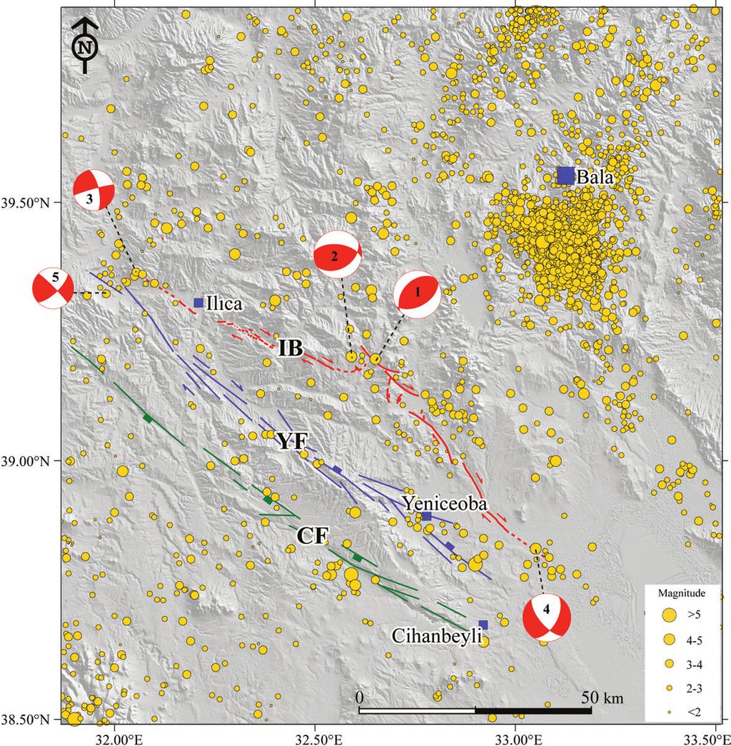The Ilıca Branch of the Southeastern Eskişehir Fault Zone Figure 11- Earthquake distribution in the southeastern Eskişehir Fault Zone. Red line represents the Ilıca branch (IB).
