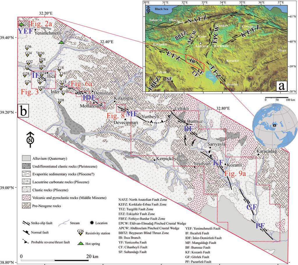 The Ilıca Branch of the Southeastern Eskişehir Fault Zone Figure 1- a) Main neotectonic elements of central Anatolia, b) Geological map of the study area (MTA, 2002). Faults were drawn in this study.