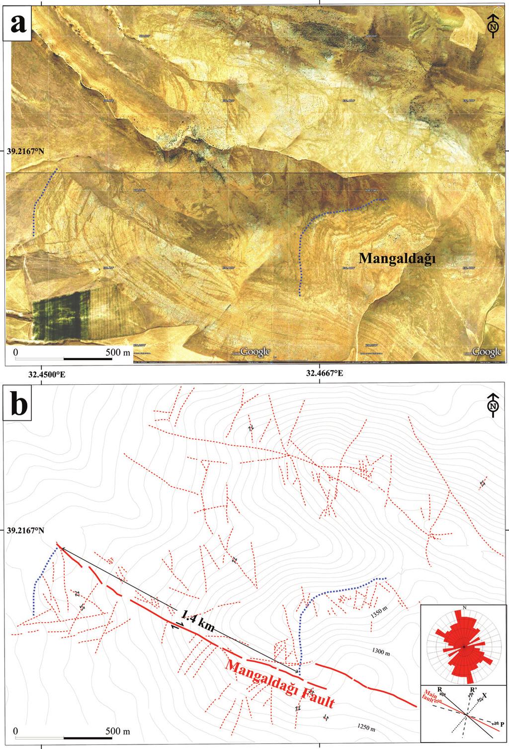 Bull. Min. Res. Exp. (2016) 152:25-37 Figure 8- a) Satellite image related to the Mangaldağı fault.
