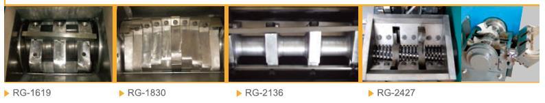 (RG-16), Düşük hız, yüksek tork, güçlü kırma kapasitesi (RG-18/RG-24), Özel dizaynı sayesinde bıçak bakımından sonra boşluk ayarlamadan montaj imkanı (RG-18), Elek ihtiyacını ortadan kaldıran dizaynı