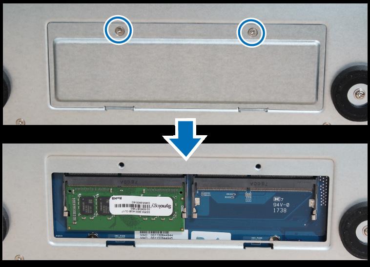 DiskStation üzerine bir RAM Modülü Ekleyin İsteğe bağlı Synology DDR4 RAM modülü DiskStation bellek genişletmesi için tasarlanmıştır.