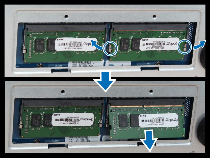 RAM modülünü çıkarmak için: 1 DiskStation sunucunuzu kapatmak üzere "RAM modülünü takmak için" bölümünde adım 1-3'ü izleyin, kabloları ayırın ve ardından alt kapağı çıkartın.