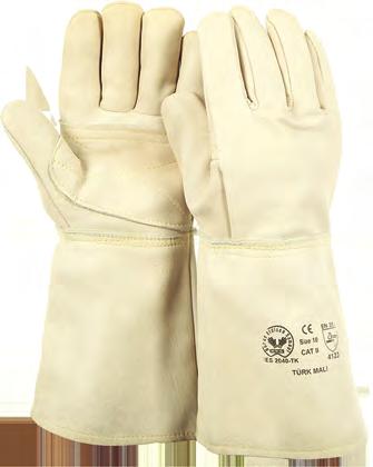 KAYNAK ELDİVENLERİ WELDING GLOVES BES 2010 A - Renkli yarma deri kaynak eldiveni - Avuç içi takviyeli - Kevlar iplik dikişli - Penye iç astar - Uzun deri konç (telalı) -