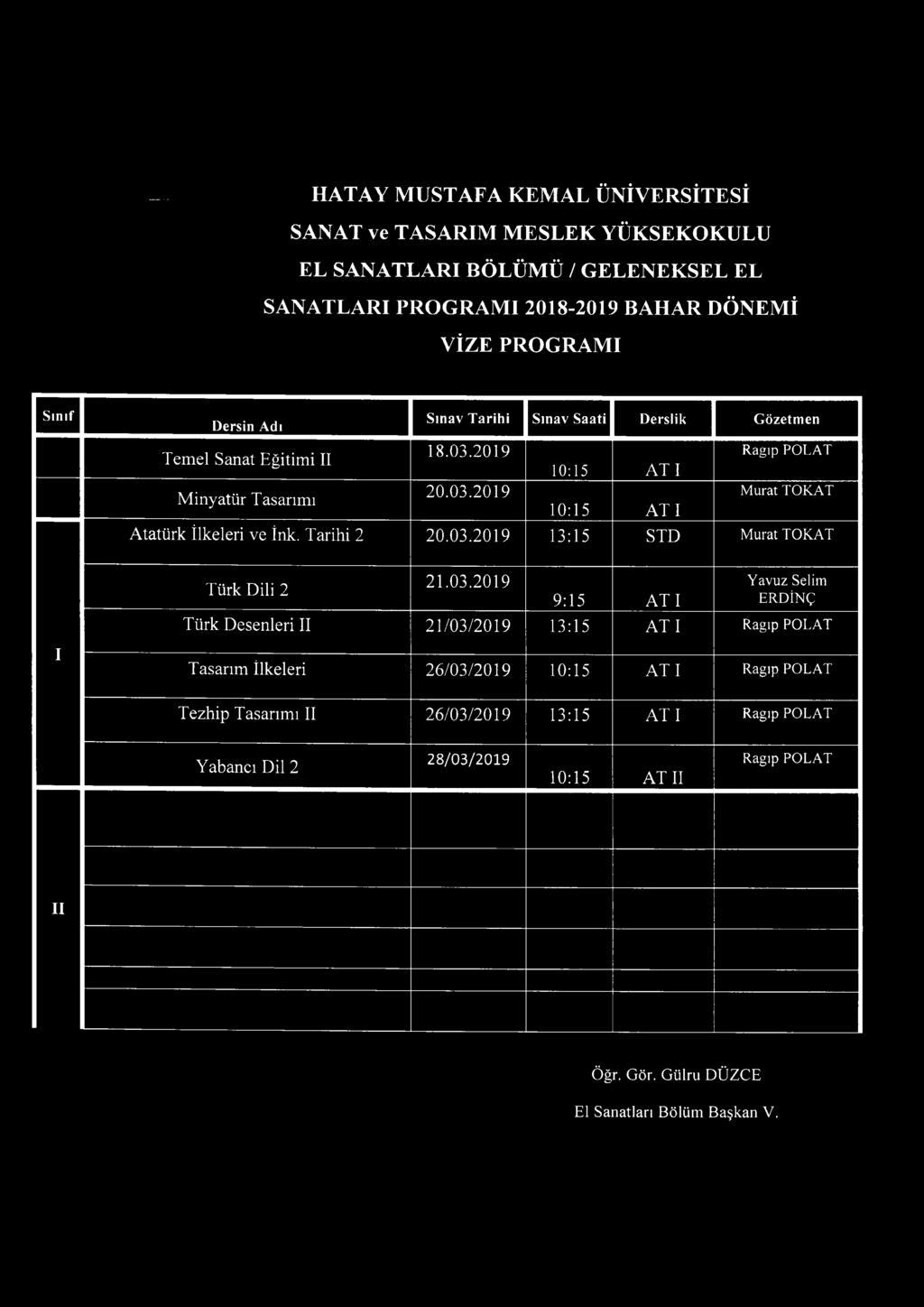 İnk. Tarihi 2 13:15 STD Murat TOKAT Türk Dili 2 9:15 A T I Türk Desenleri II 21/03/2019 13:15 A T I I Tasarım İlkeleri 26/03/2019