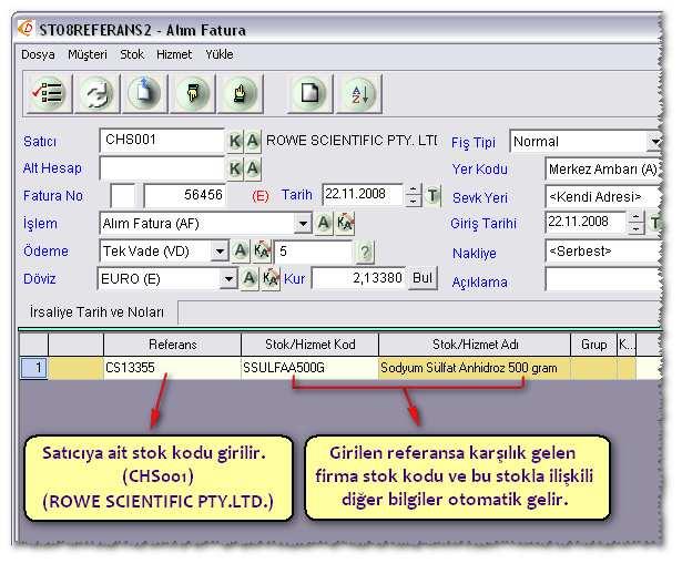 Programa daha önceden bildirilen referans kodu girildiğinde bu referans kodunun bağlı olduğu ilgili stok kodu ve stokla ilgili diğer bilgiler otomatik olarak gride yüklenir.