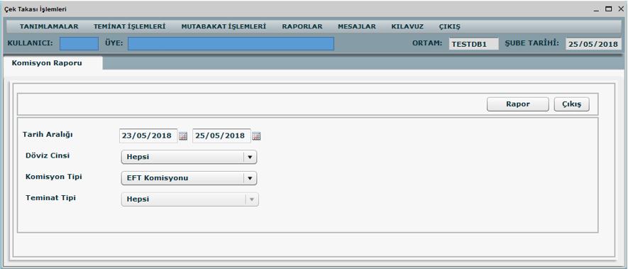 11. KOMİSYON RAPORU 11.1. Tanım Çek sisteminde tanımlı üyelerin Takas, Teminat ve EFT komisyonlarını detaylı izleyebildikleri ekrandır. 11.2. Ekran 11.3.