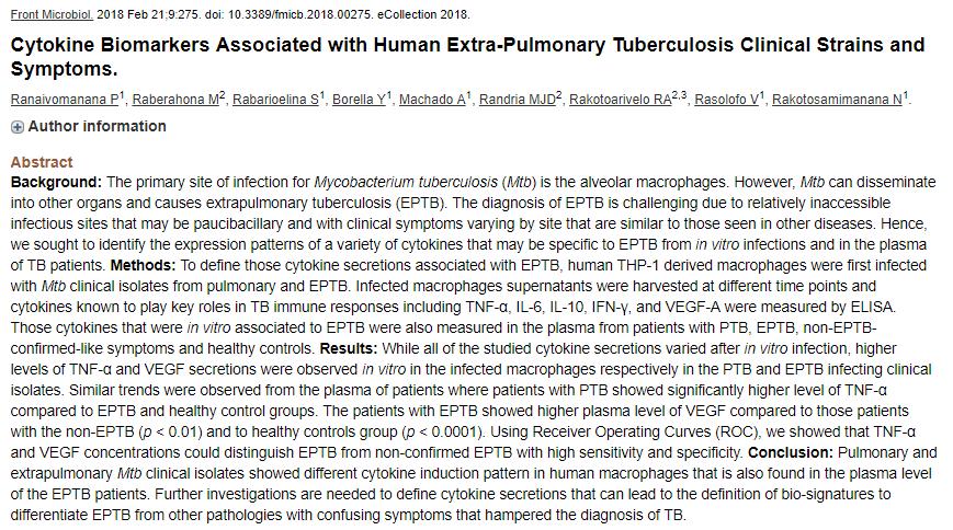 Makrofajlar pulmoner TB ve EPTB hastalarından izole edilen M. tuberculosis basilleri ile invitro olarak infekte edilmiş ve salınan sitokin seviyeleri ölçülmüş.