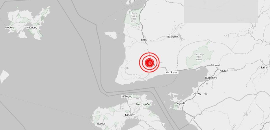 tarihinde Tartışık-Ayvacık-Çanakkale merkez üstünde yerel saat ile 21:23 de aletsel büyüklüğü Ml=5.4 (Mw=5.