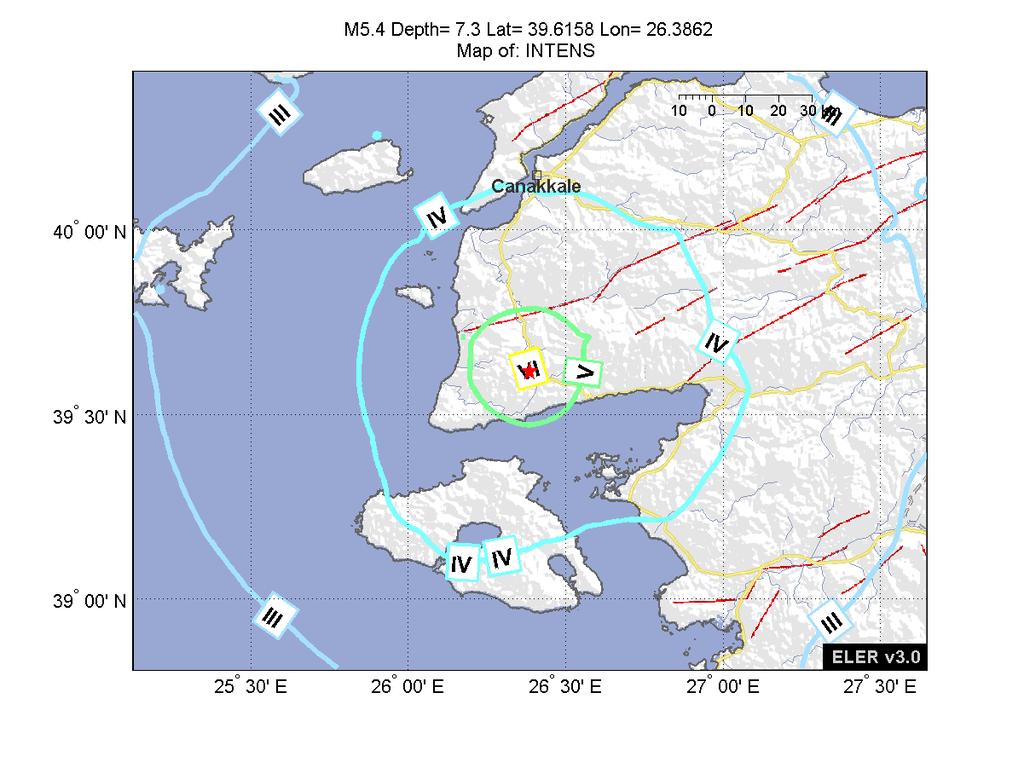 Deprem sonrası otomatik olarak hazırlanan tahmini şiddet haritası depremin merkezinde şiddet değeri Iₒ=VI olduğunu göstermektedir. Çanakkale ili ve ilçelerinin tamamı 1996 yılında T.C.