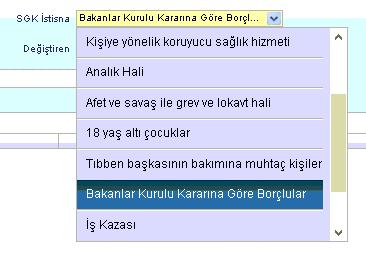 Görsel 4 Provizyon İzin ve İstisna Tanımlama Merkezi Hastaya fiyat düşülmesi için form üzerinde SGK İstisna alanının Bakanlar Kurulu Kararına Göre