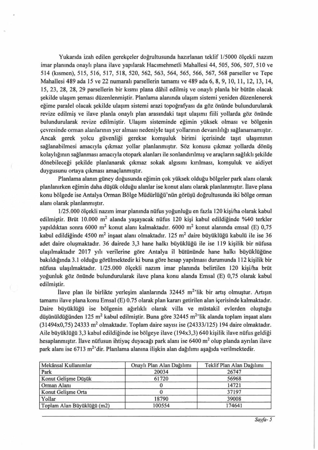 Yukarıda izah edilen gerekçeler doğrultusunda hazırlanan teklif 1/5000 ölçekli nazım imar planında onaylı plana ilave yapılarak Hacımehmetli Mahallesi 44, 505, 506, 507, 510 ve 514 (kısmen), 515,