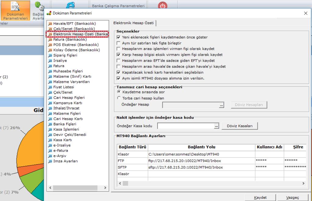 Yapılan işlemden sonra Connect-Seçenekler-Döküman Parametreleri altında Elektronik Hesap Özeti alanı aktif hale gelir.