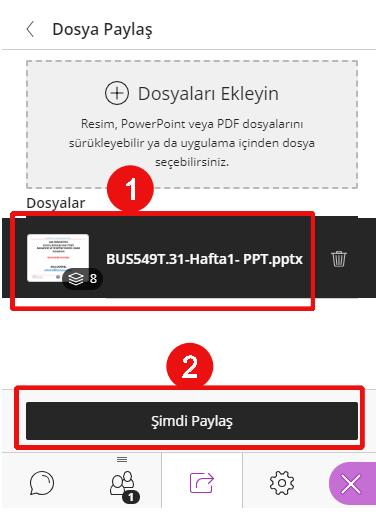 Collaborate Panelinde Belge Paylaşma Eklenmiş dosyayı seçin Şimdi Paylaş butona basın Dosyanız görünecektir.