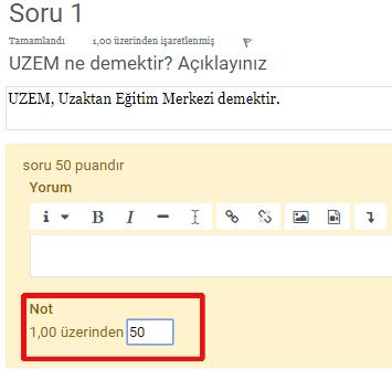 Sınavın Klasik Sorusunu Puanlama Açılan pencerede not