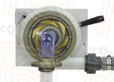 Pompa deney düzeneği üzerinde maksimum dönüş hızı 3000 dev/dk olan bir su pompası, türbin düşüsü (mh2o) gösteren gösterge, pompa basma yüksekliğini gösteren