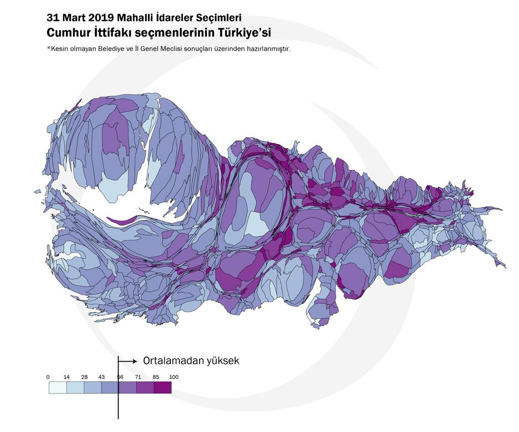 Kartogram mantığına başka bir açıdan yaklaşacak olursak, Cumhur İttifakı nın aldığı oyları ilçelerin sınırlarını yeniden çizmek için kullanabiliriz, bu sayede elimizde Cumhur İttifakına oy verenlerin