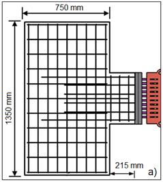 Okur vd. / Yerbilimleri, 2019, 40 (1), 92-109 Şekil 3. a) Jeofizik ölçüler alınan betonarme yapı elemanının şematik görünümü b) Ölçüm yapılan betonarme yapının deneyden önceki ve sonraki durumu.