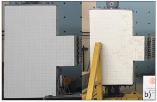 A schematic view of the reinforced concrete structural element on which geophysical measurements are taken b) the state of the reinforced concrete structure before and after the test.