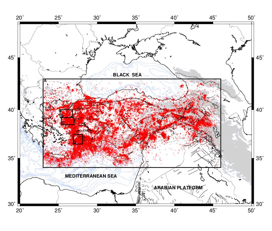 Cambaz et al. / Yerbilimleri, 2019, 40 (1), 110-135 Figure 2. Seismicity map of the region with red dots representing the earthquakes recorded between 01.01.2013-12.31.2017.