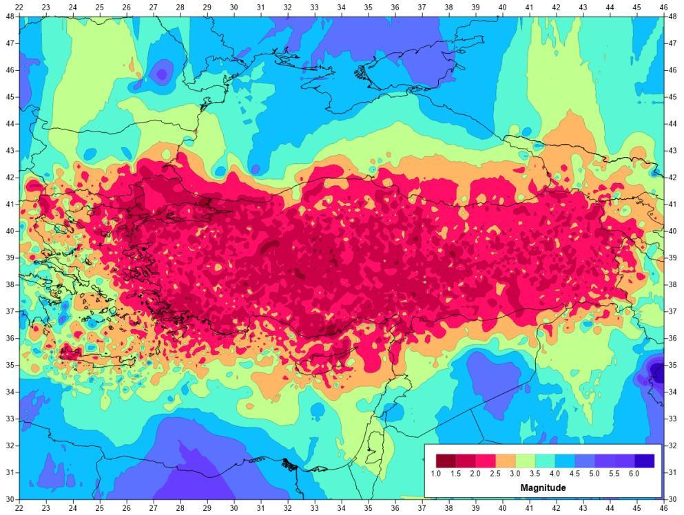 Cambaz et al. / Yerbilimleri, 2019, 40 (1), 110-135 Figure11. Magnitude threshold map for Turkey and surrounding area computed by using the earthquakes in the time period 2013-2017. Şekil 11.