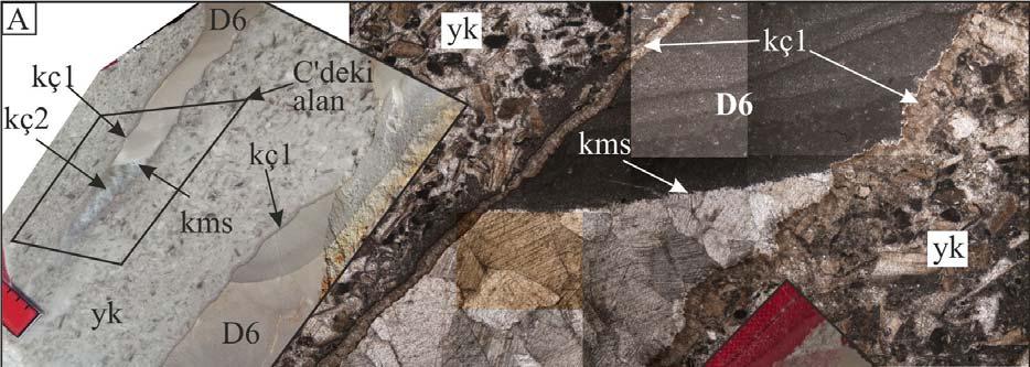 Sarı / Yerbilimleri, 2019, 40 (1), 35-71 Şekil 11. İstifin alt bölümünde gözlenen D6 dolgusu ve yan kayaç ilişkilerini gösteren fotoğraflar.