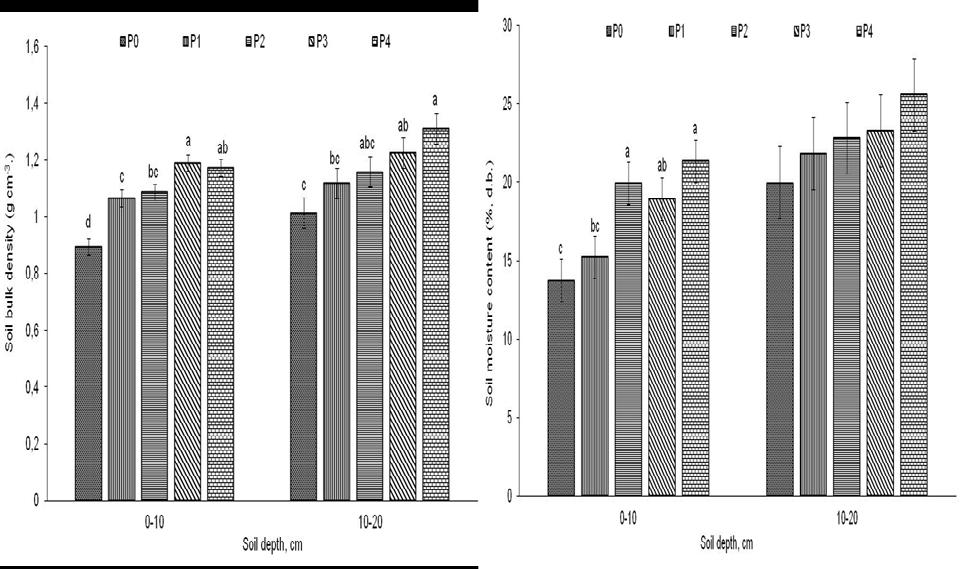 Gürsoy et al. 2019, YYÜ TAR BİL DERG (YYU J AGR SCI) 29(1): 145-151 Figure 2. Effects of the pass number of planker on bulk density and moisture content at 0-10 cm and 10-20 soil depths.